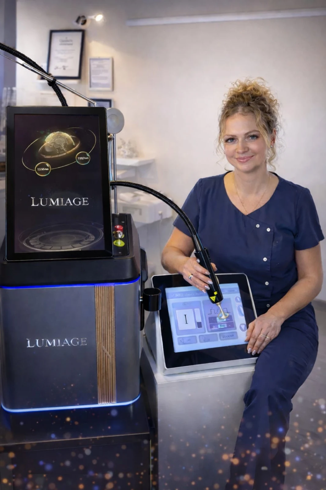 Klientka prezentująca urządzenie Lumiàge w salonie kosmetologicznym.
